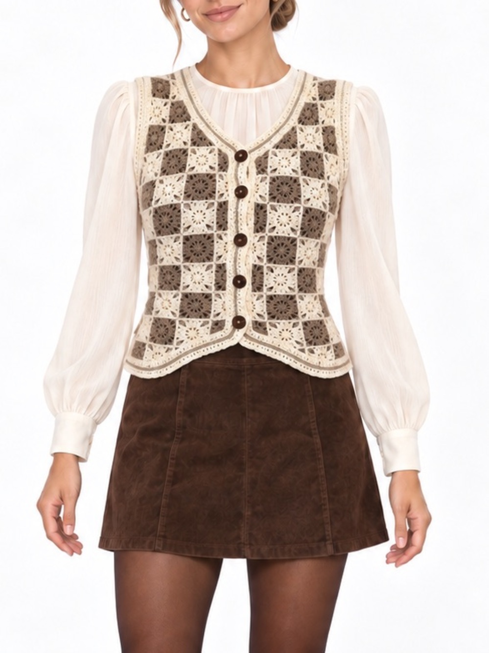 Vintage Crochet Granny Square Vest Small Boho Cottagecore Button Front Retro Top